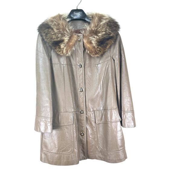 Boho Retro Mod Leather Coat with Fur Collar Vintage 60s Chic - Picture 1 of 9